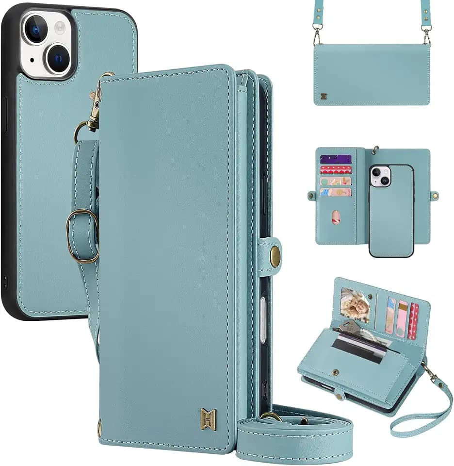 for Wallet Case Compatible with iPhone 13,Multi-Function Detachable 2 in 1 Magnetic iPhone 13 Case Wallet,Flip Strap Zipper Card Holder Phone Case with Shoulder Straps (Blue)