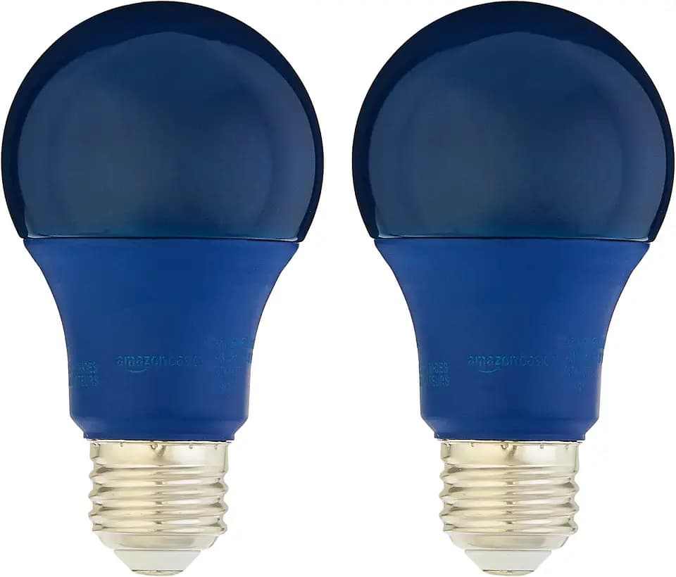 Amazon Basics A19 Blue Color Party LED Light Bulbs, 60W Equivalent, E26 Standard Base, Non-Dimmable, 10,000 Hour Lifetime, 2-Pack