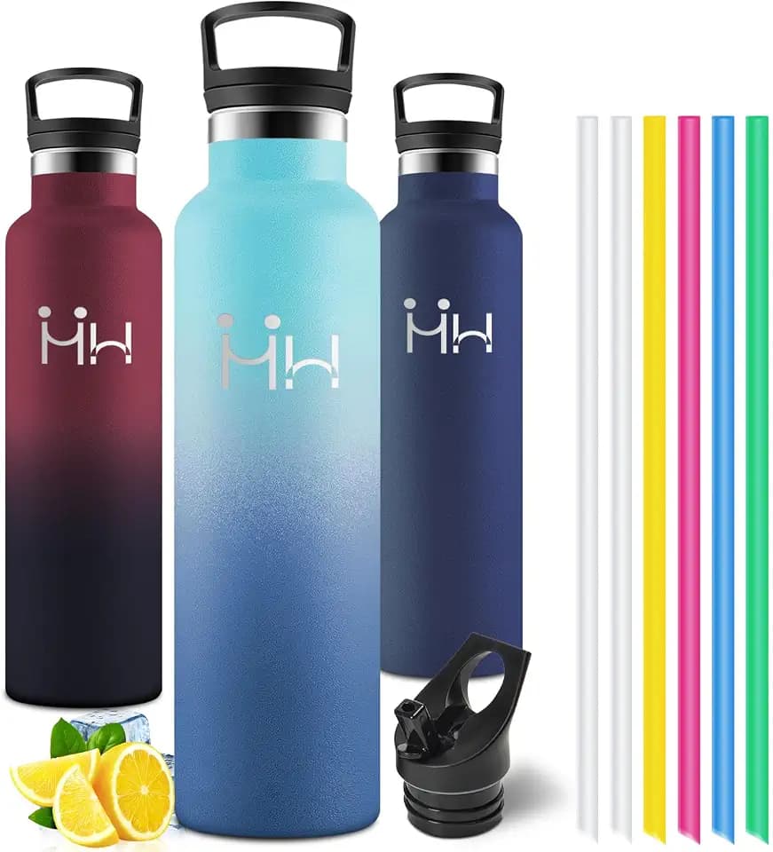 Motswedi Trinkflasche Edelstahl 1000 ml, mit Strohhalm, Edelstahl Trinkflasche, Doppelwandige Insulated, Isolierflasche, Wasserflasche Edelstahl, für Schule, Büro, Gym, Fahrrad, Himmelblau&Dunkelblau