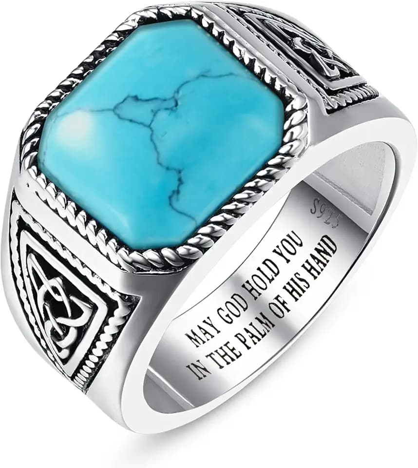 Vintage Turquoise Rings for Men 925 Sterling Silver Mens Ring Mens Turquoise Ring Anillos de Hombre Celtic Mens Cocktail Rings Pinky Thumb Ring Band for Dad Father Jewelry Gift Size 9