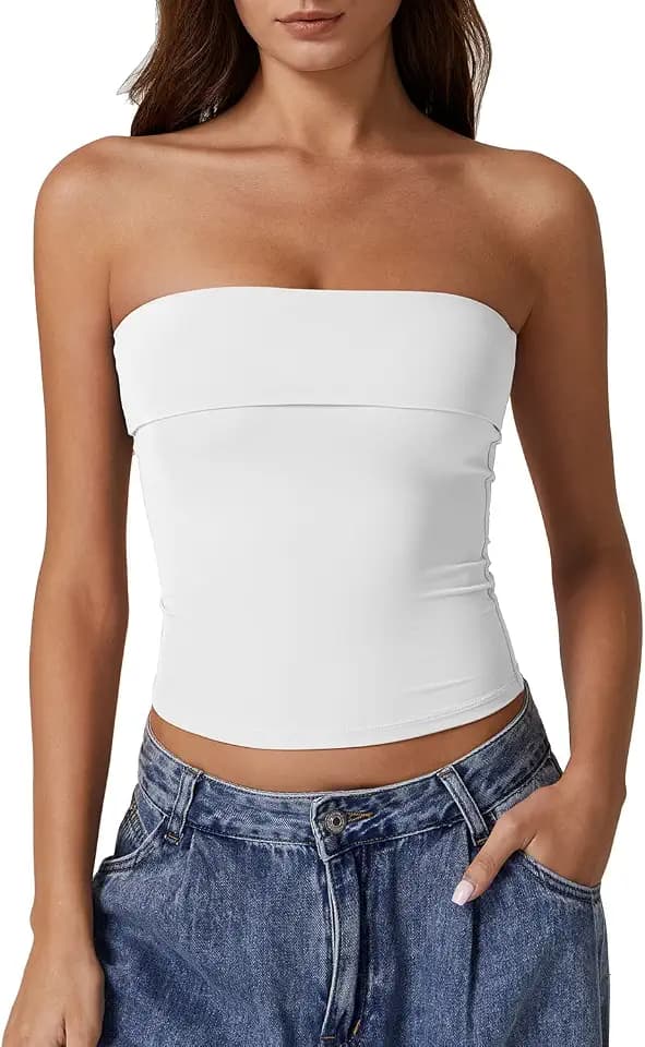 QINSEN Women's Tube Tops Strapless Bandeau Tops Double Lined Slim Fit Summer Going Out Tank Tops