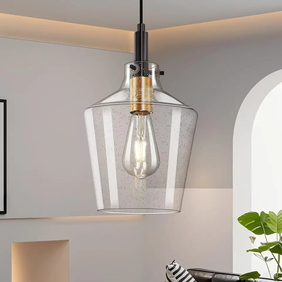 Seeded Glass Pendant Lighting for Kitchen Island 1 Pack Black Gold 8 Inch