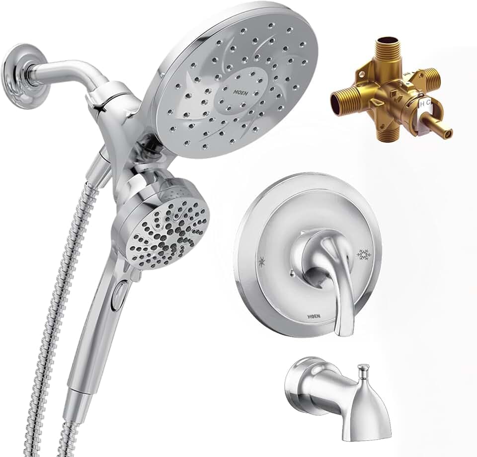 Moen Engage Magnetix 6-Function Handheld Showerhead and Rain Shower Head Combo, Tub and Shower Trim Kit with Valve, Handle, Tub Spout, Metal Hose, Chrome, 82304