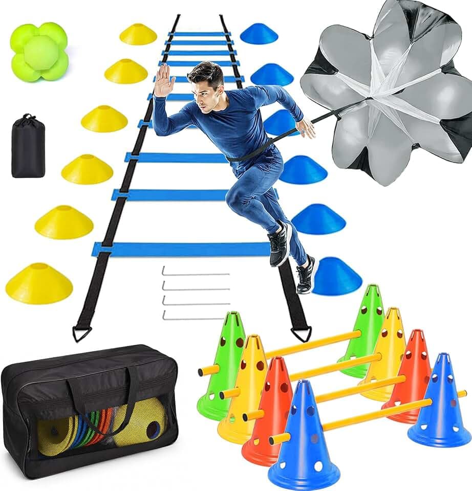Fussball Trainingszubehör, Koordinationsleiter 6m mit 12 Hütchen, 4 Steckhürdenset mit 8 Kegel + 4 Stangen, Reaktionsball, Widerstandsschirm, Slalomstangen für Fussball Trainingsset Hundesport