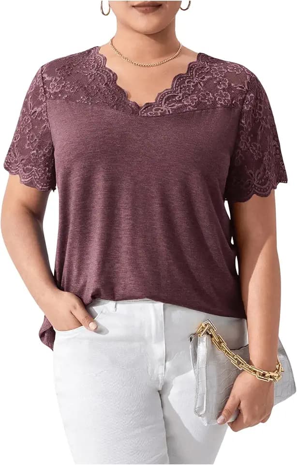 OYOANGLE Women's Plus Size Summer Lace Short Sleeve V Neck Blouse Tops