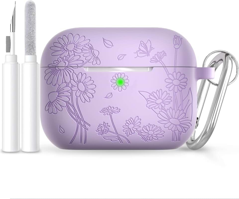for AirPods Pro 3 Case (2025) DamonLight Daisy Floral Engraved Shockproof Protective Soft Silicone Case Cover with Cleaning Pen and Keychain for Apple Airpods Pro 3rd Generation (Purple)