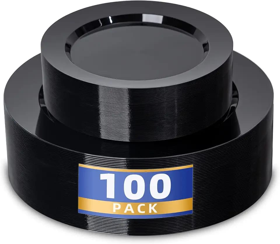 100PCS Black Plastic Plates, Heavy Duty Disposable Plastic Plates