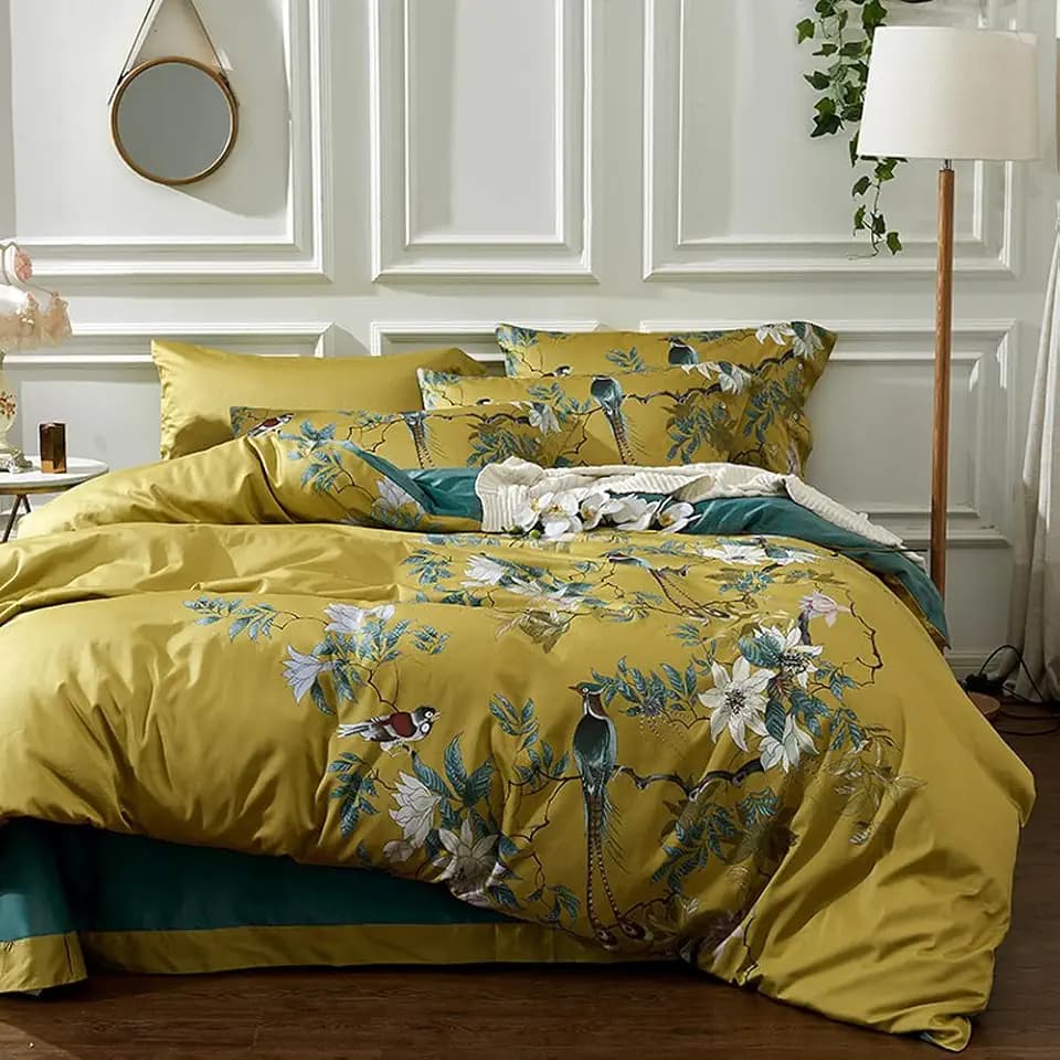 mixinni Duvet Cover California King Size Floral Bird Pattern Cotton Duvet Cover Set with Zipper Closure and Ties for Women and Men, Ultra Soft, Breathable, Easy Care-California King Size
