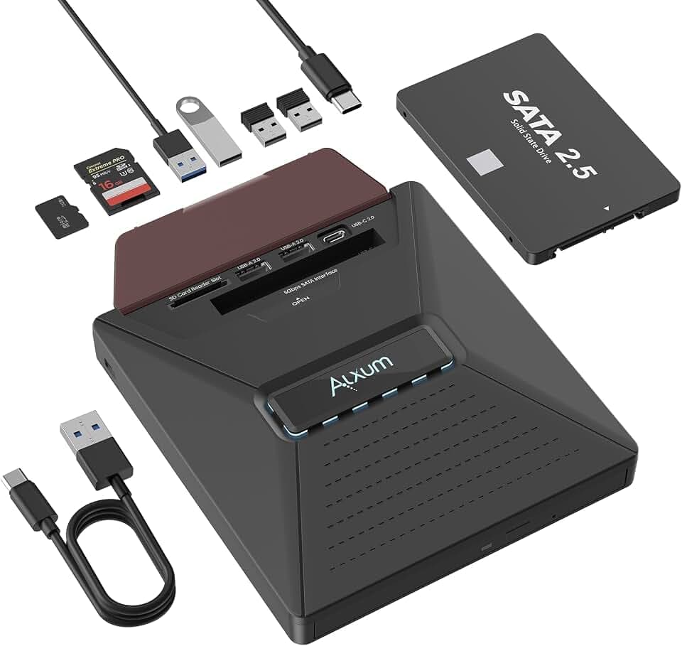 Alxum Externes DVD/CD Laufwerk USB mit SATA & SD Kartenleser für Laptop