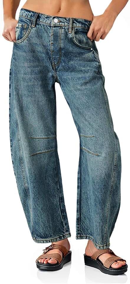 PLNOTME Womens Baggy Boyfriend Jeans Wide Leg Mid Rise Barrel Ankle Pants