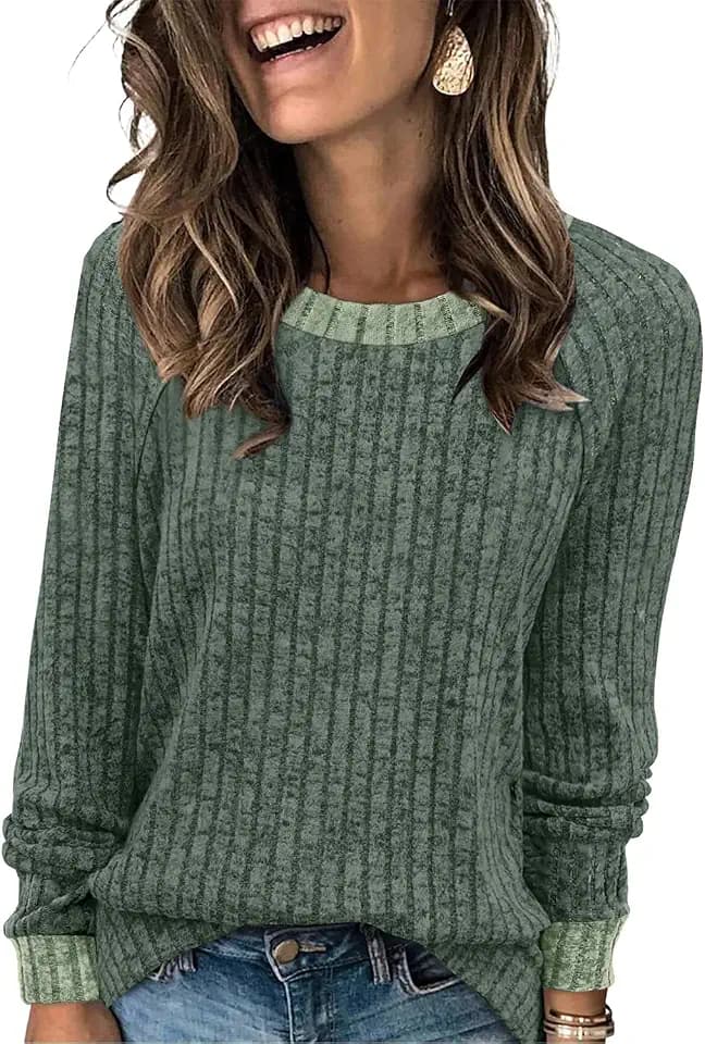 WIHOLL Langarmshirts für Damen, leichte Pullover, Herbst-Outfits 2025, Farbblock, Winterkleidung, elegant, lässig, weich
