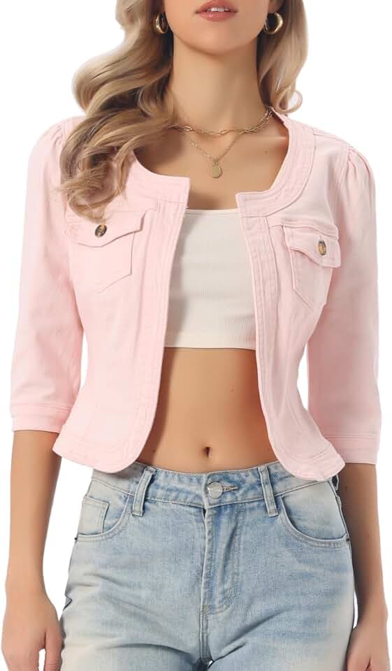 Allegra K Damen Jeansjacke Kurz 3/4 Ärmel Open Front Kragenlos Jacke mit Taschen