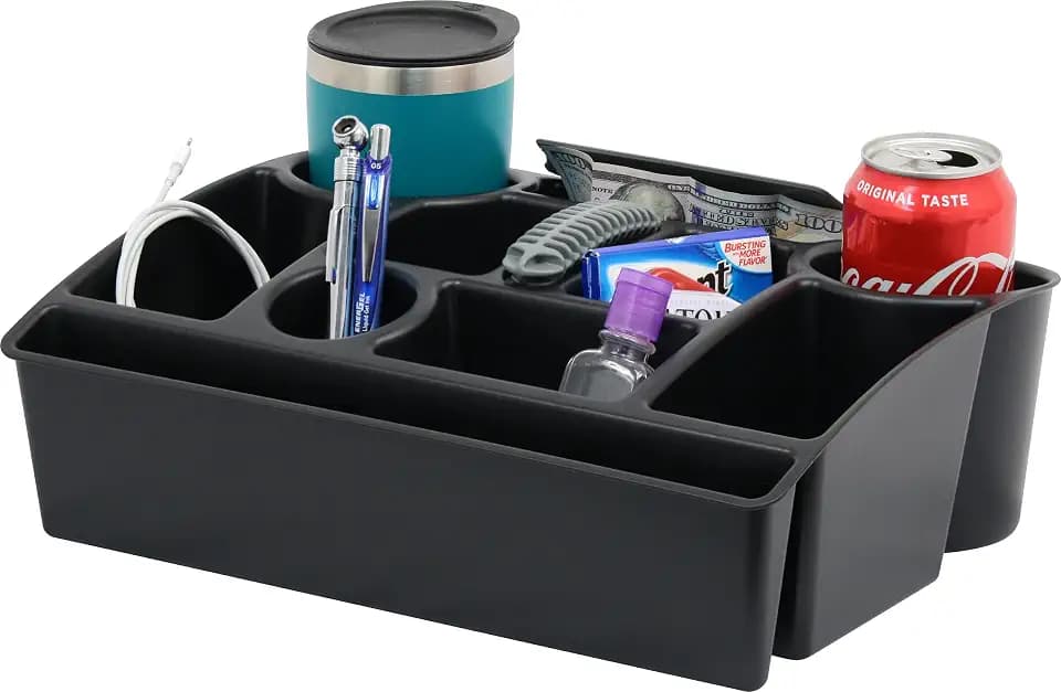 Moblorg Vehicle Seat Organizer Car Storage Caddy with Carrying Handle, 2 Large Cup Holders, 10 Compartments, Hidden Extra Storage, Fits Most Vehicles, Made in USA from Recycled Plastic