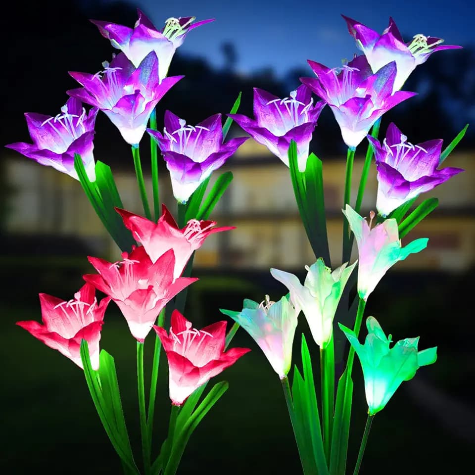 KOOPER Outdoor Solar Lights, 4 Pack Solar Garden Light with Bigger Lily Flowers, Waterproof 7 Color Changing Solar Lights Outdoor - Bigger Panel for Patio Yard Garden Decoration, Gift for Mom
