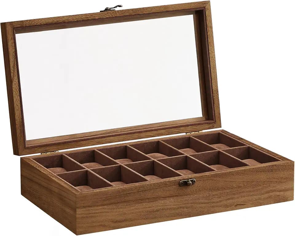 SONGMICS Uhrenbox mit 12 Fächern, aus Massivholz, mit Glasdeckel