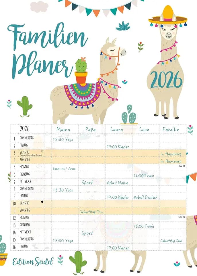 Edition Seidel Premium Familienplaner XL 2026 Familienkalender Familientimer Familien Kalender Wandkalender DIN A3 5 Spalten (Lama)