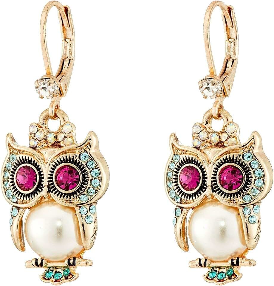 Betsey Johnson Pearl Critters Owl Drop Earrings