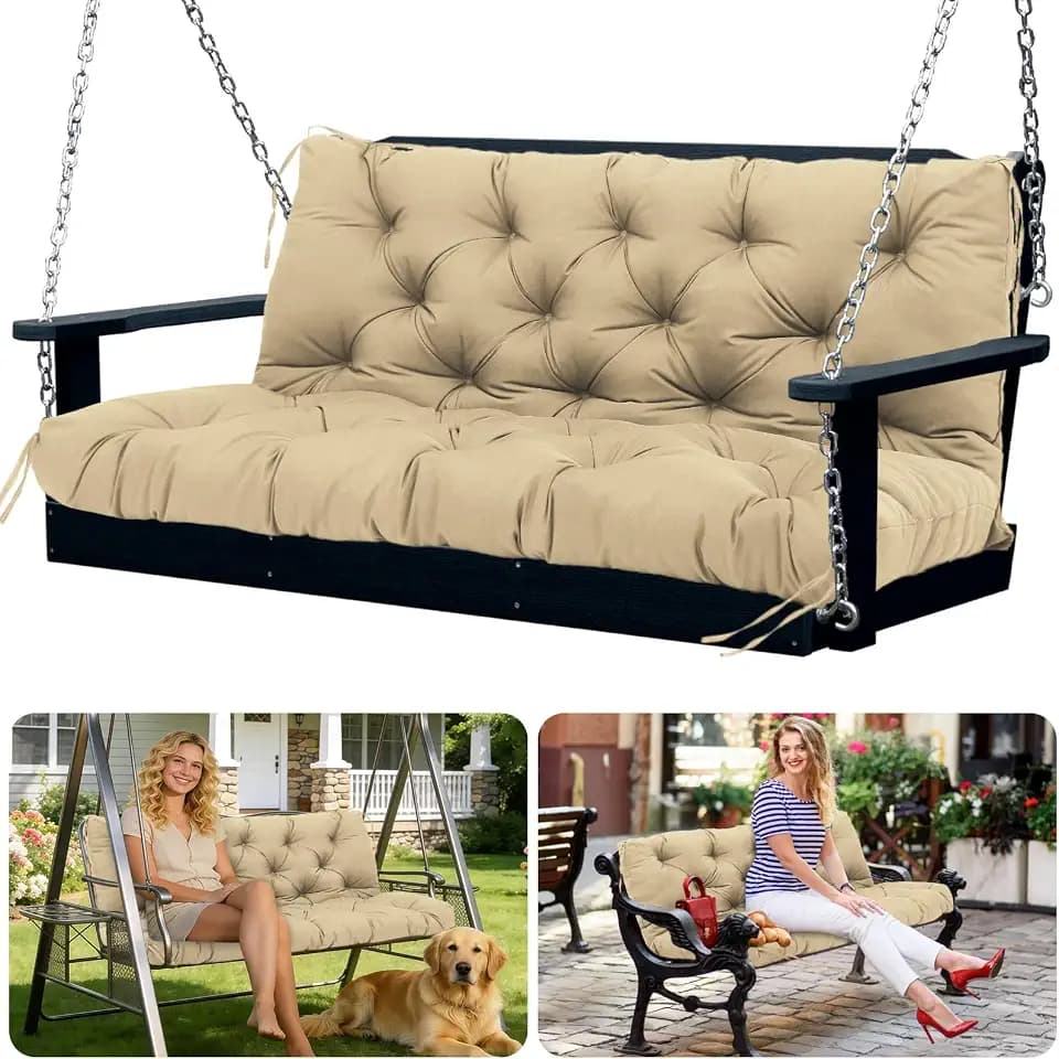 Porch Swing Cushions 2 Seater Replacement Thicken 5" Waterproof Swing Cushions for Outdoor Furniture Bench Patio Swing Cushion with Backrest & Ties(Khaki 48x40x5inch)