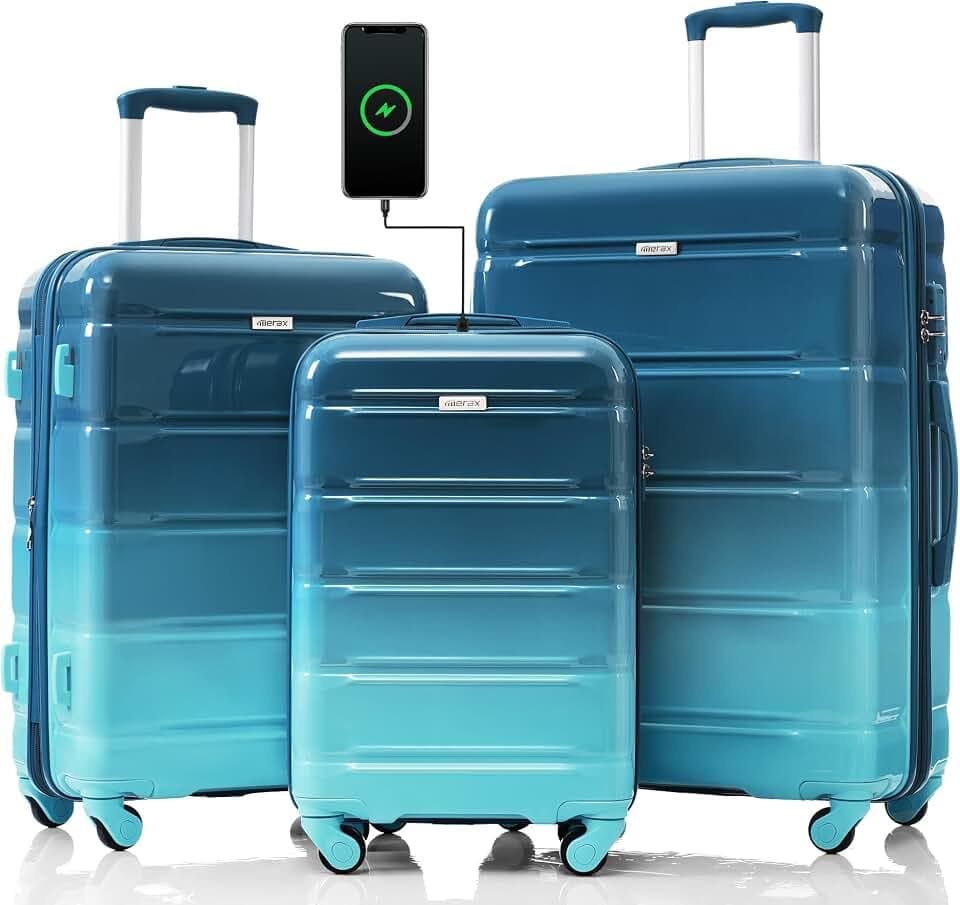 Luggage Sets, ABS Hardshell Suitcase Spinner Wheels with USB Port TSA Lock