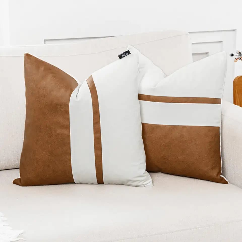 Set of 2 Cream White and Brown Decorative Throw Pillow Covers 18x18 Inch Faux Leather and Velvet Patchwork Pillow Cover,Modern Farmhouse Pillow Case for Living Room Couch Bed Boho Home Decor