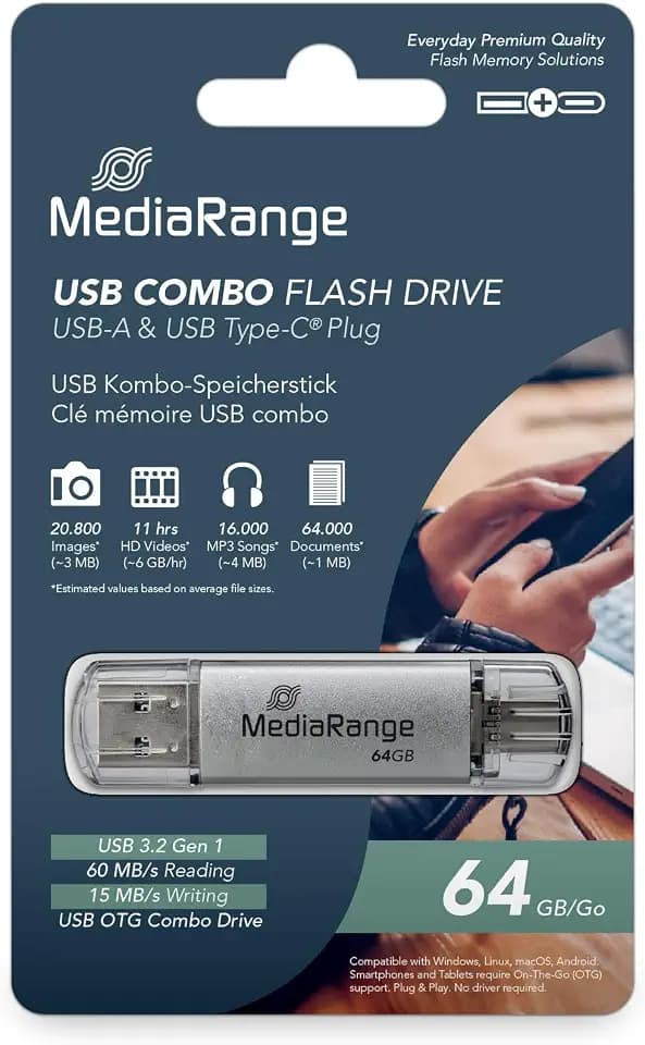 MediaRange USB-Stick USB-C 3.2 Gen 1 64GB mit Silber