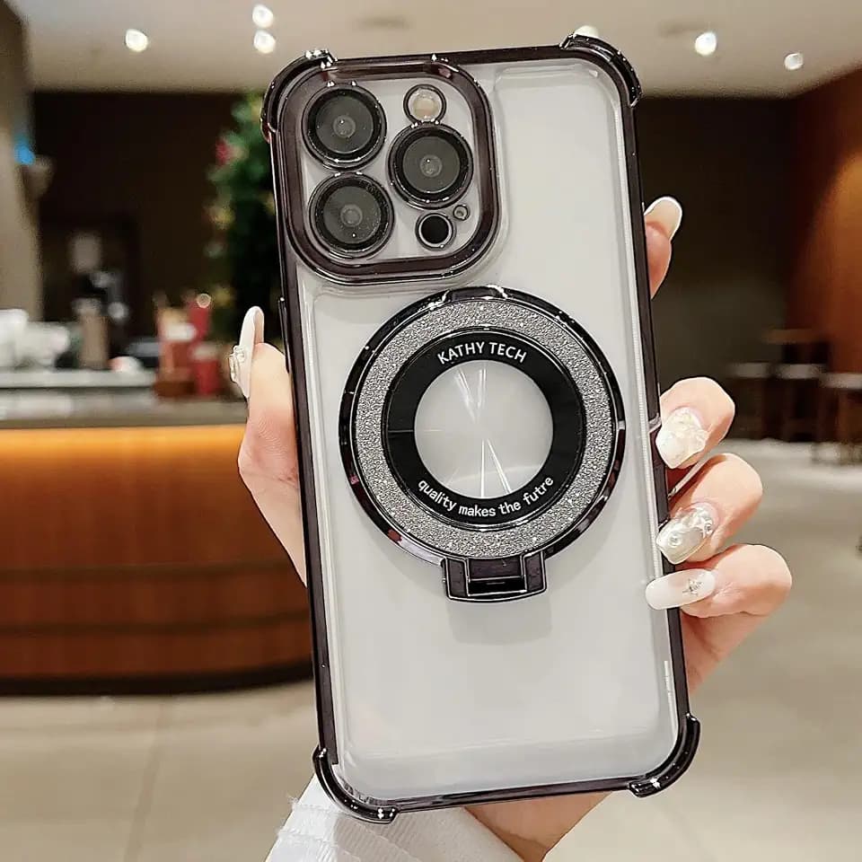 Four Corners Anti-Drop Magnetic Suction Bracket Glitter 13PRO is Suitable for iPhone16 Mobile Phone case 15 Transparent Acrylic Anti-Yellow, Anti-Drop Bumper (14,Black)