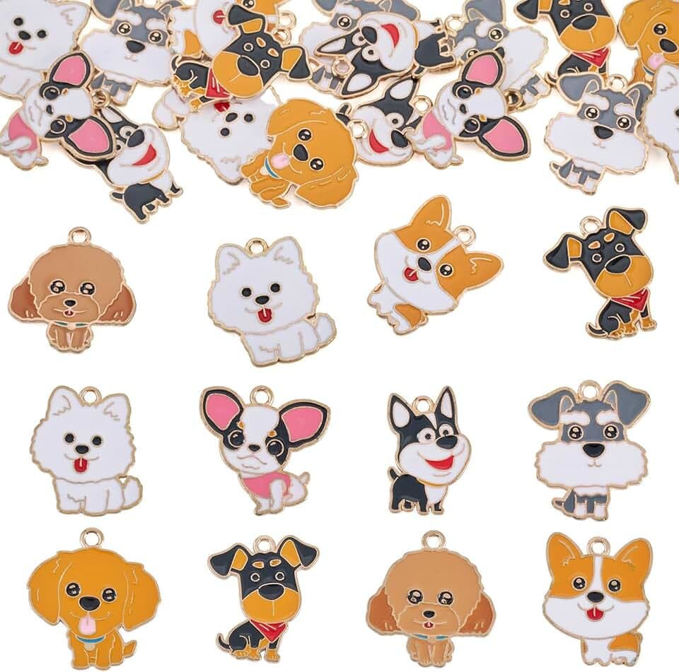 Cheriswelry 32Pcs Enamel Alloy Pet Dog Charms Cute Animal Pendants Puppy Charms 24.5-25.5mm for DIY Necklace Bracelet Earring Jewelry Making Accessory