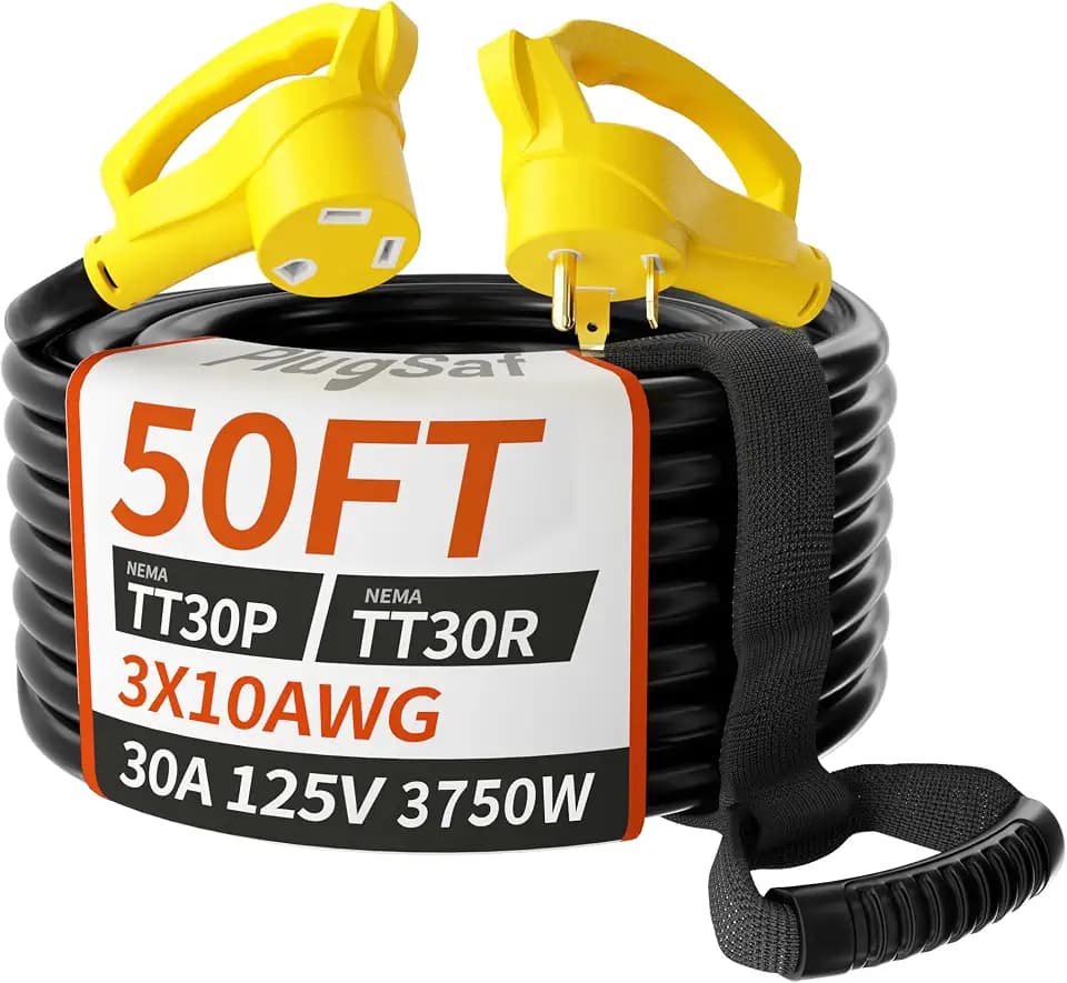 PlugSaf 50 FT 30 Amp RV Extension Cord Outdoor, 10AWG 125V 3750W STW Yellow