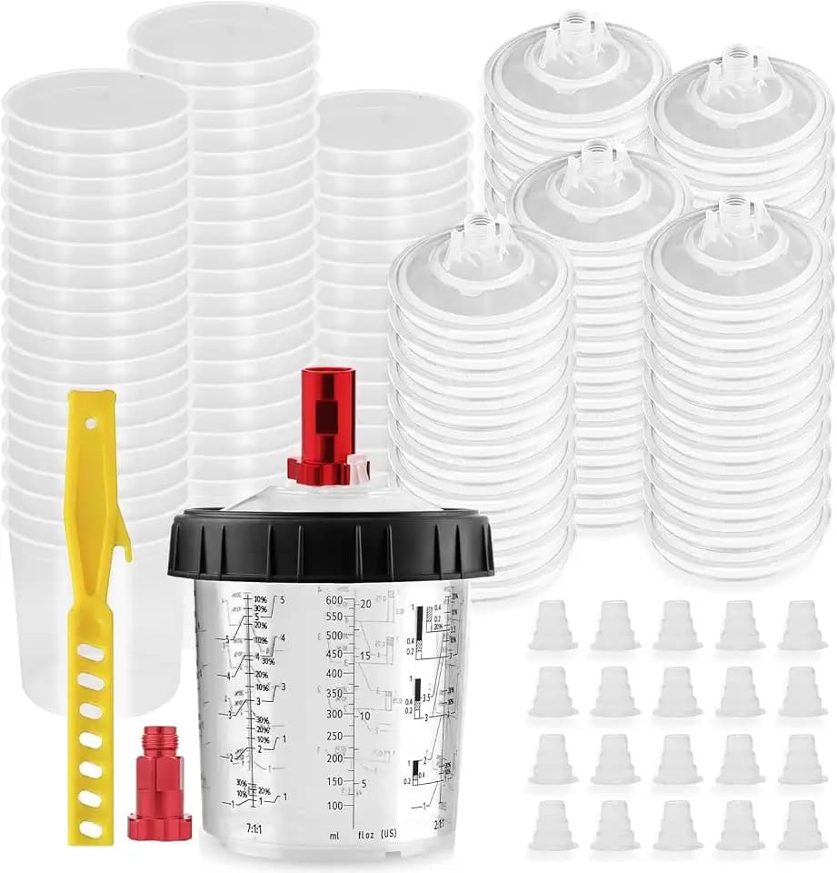 Disposable Paint Spray Gun Cup, Paint System for HVLP and LVLP Paint Spray Paint Gun, Standard 20 Ounce (600ml) Kit with 50 Cups and Lids System, 1 Hard Cup with Retainer Ring and 20 Plugs