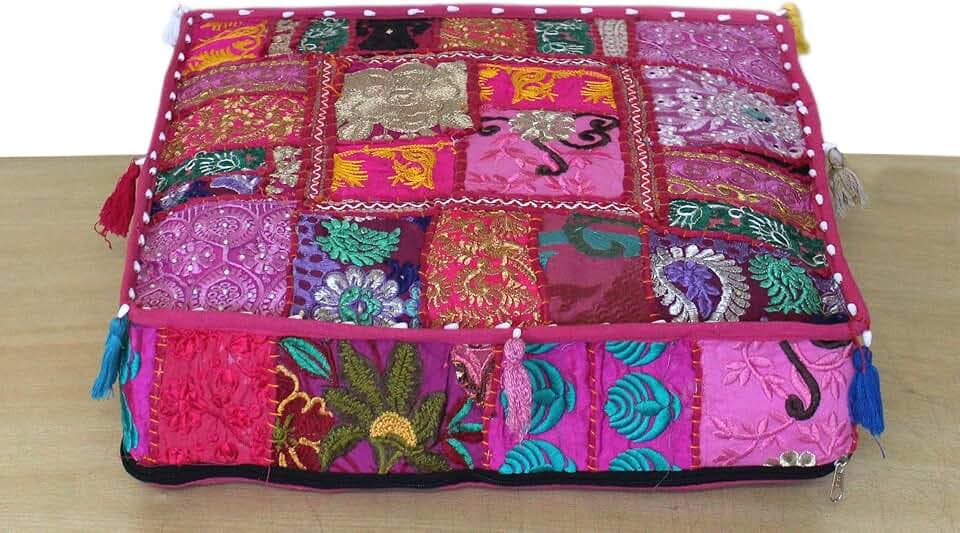 CRAFT KALA Indian Square Patchwork Traditional Pouf Cover Indian Living Room Poufs Decorative Embroidered Designer Ottoman Home Living Footstool Chair Cover Decor Pillow Cover 18x18x5 inches, Pink