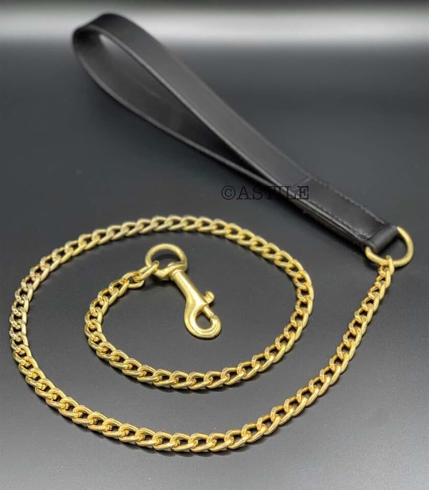 Hundeleine mit goldfarbener Kette, robuste Hundeleine mit schwarzem Ledergriff, 86,4 cm lang