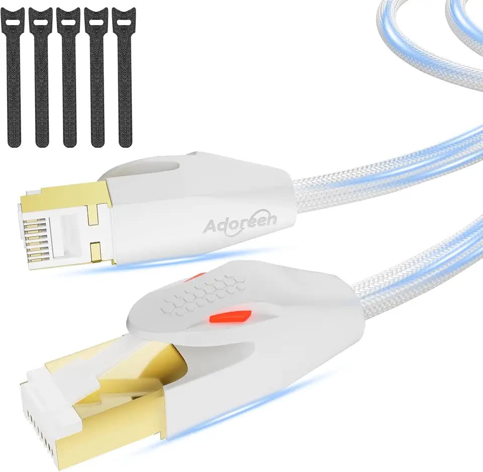 Adoreen CAT 8 Ethernet Cable 8 FT White, High Speed 40Gbps 2000Mhz Network Internet Cable S/FTP Shielded 26AWG Braided Heavy Duty RJ45 LAN Cord, POE for Cat 7 6A 6E Gaming PC WiFi Modem Router+5 Ties