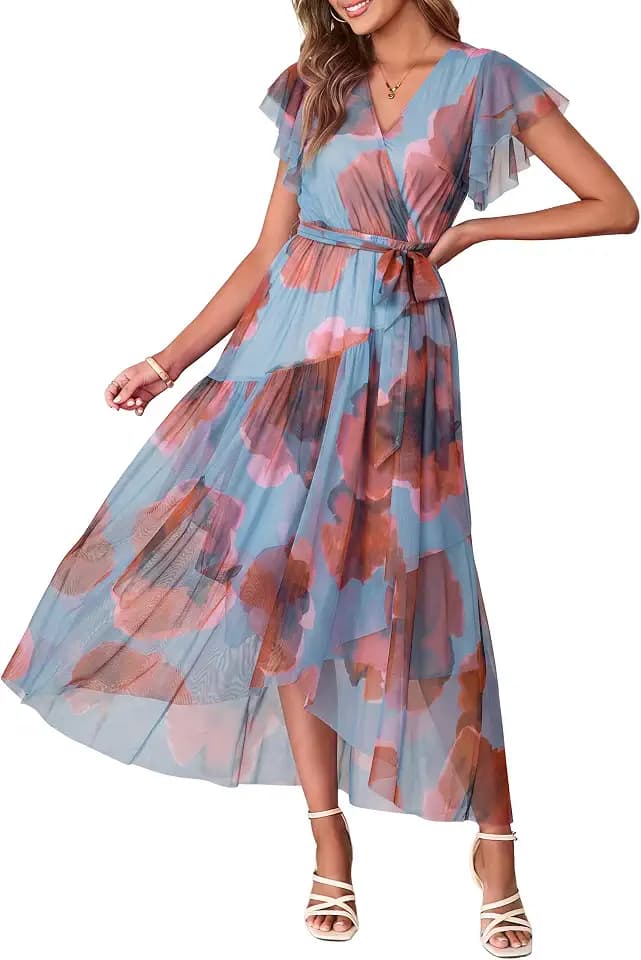 Simplee Womens Floral Belted Boho Flowy Beach Wedding Guest Maxi Dress