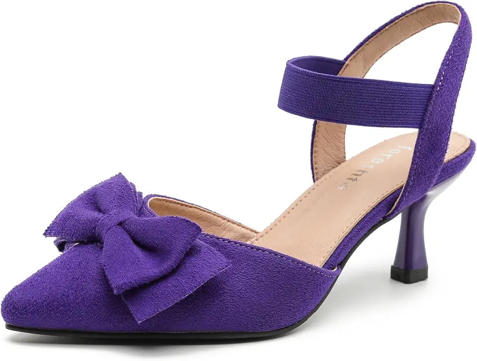 fereshte Women's Bow Pointed Toe Slingback Low Kitten Heels, Elastic Strap Slip On Pumps