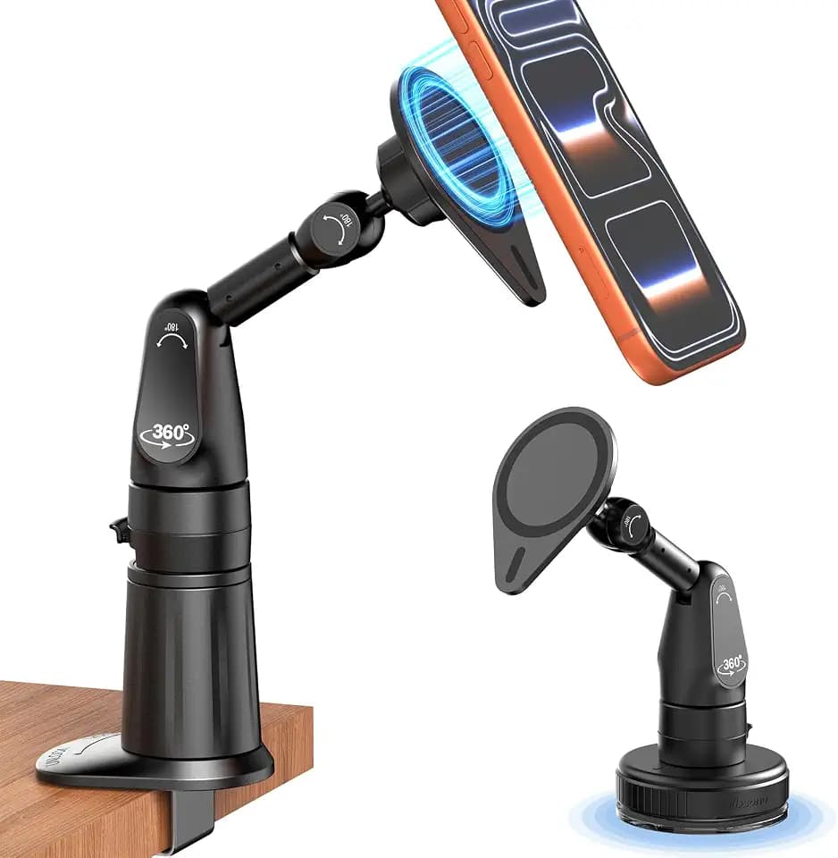 2 in 1 Magnetic Phone Holder Desk Mount, Cell Phone Clamp Clip for Pole Desk, Magnetic Phone Stand with Suction Cup, Compatible for iPhone 17 16,15, 14, 13 12 Pro/Max Samsung Galaxy, Google