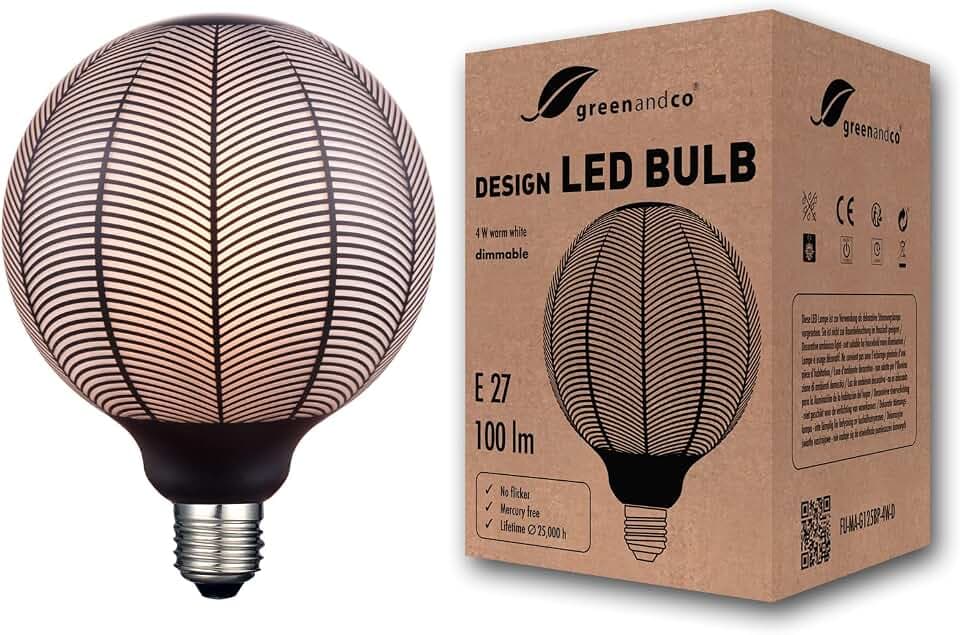 greenandco Vintage Design LED Lampe schwarz gemustert | Blattmotiv | dimmbar | E27 G125 | 4W 100lm | 1800K extra warmweiß | zur Stimmungsbeleuchtung | flimmerfrei 300° | 230V