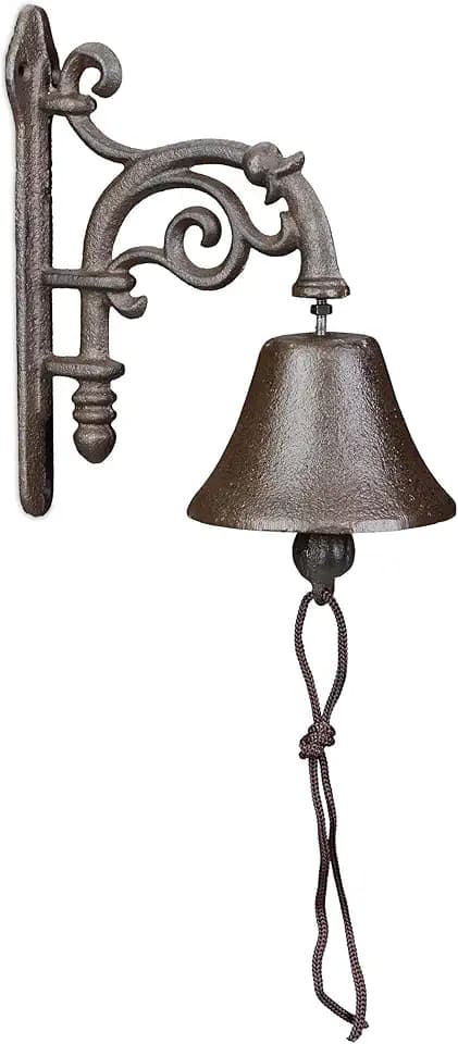 Relaxdays Türglocke Gusseisen, antikes Design, Gartenglocke Vintage, mit Kordel, Glocke für draußen, Wandglocke, braun