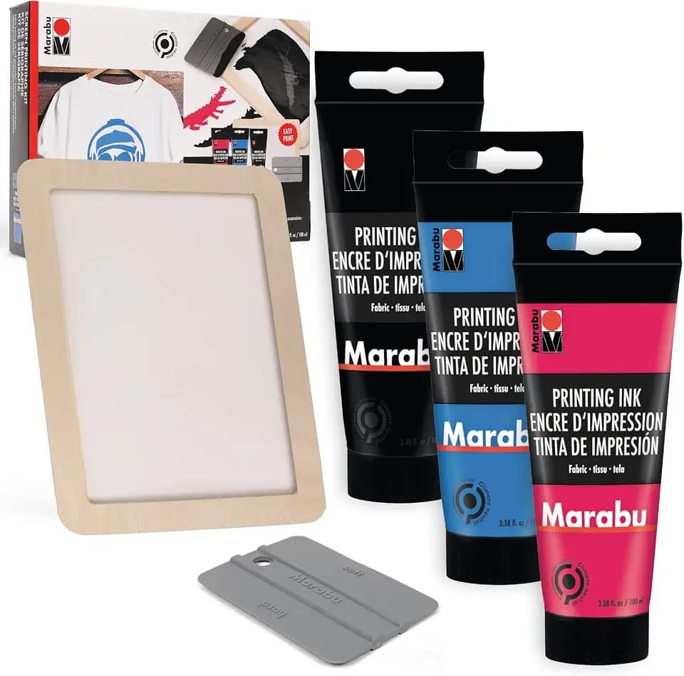 Marabu Siebdruck-Set Mit Wiederverwendbarem Holz-Siebdruckrahmen, Siebdruckrakel Und 3 X 100 Ml Siebdrucktinte - Für Anfänger