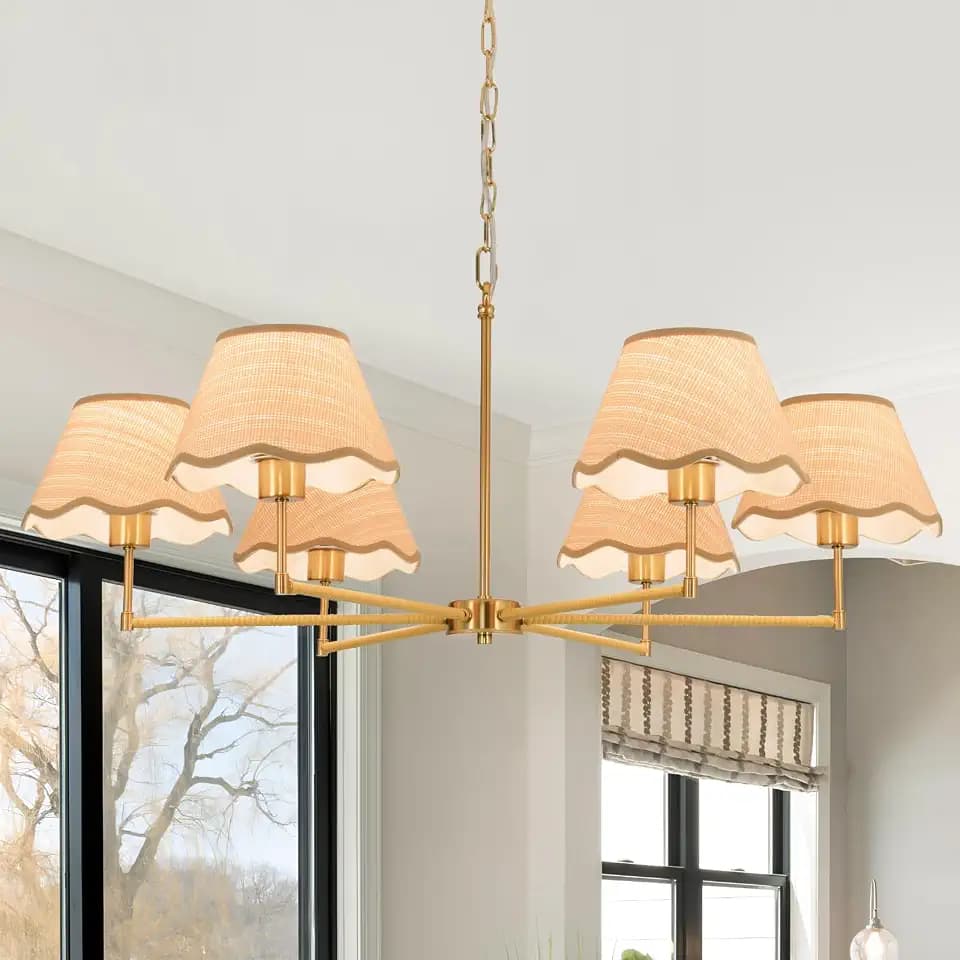 6-Light Boho Rattan Chandelier 39″ Rattan Pendant Light with Hand-Woven Shade Adjustable Height Vintage Dining Room Chandelier for Kitchen Island Living Room Bedroom Foyer E26 Base