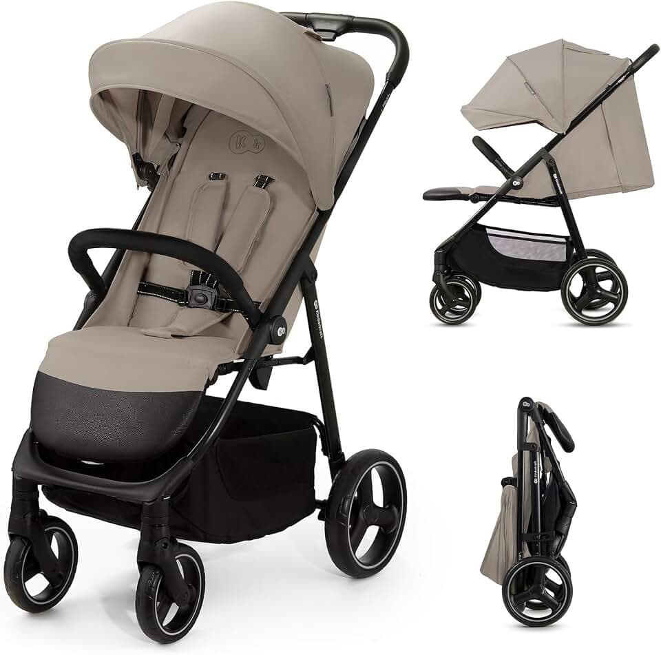 Kinderkraft TRIG 3 Kinderwagen, Kinderbuggy, Liegewagen, Sportwagen, Buggy, Zusammenklappen, Breite und tiefe Sitz, mit Liegeposition, 4 Rad Dämpfung, Große Dach, 5-Punkt-Gurt, bis zu 25 kg, Beige