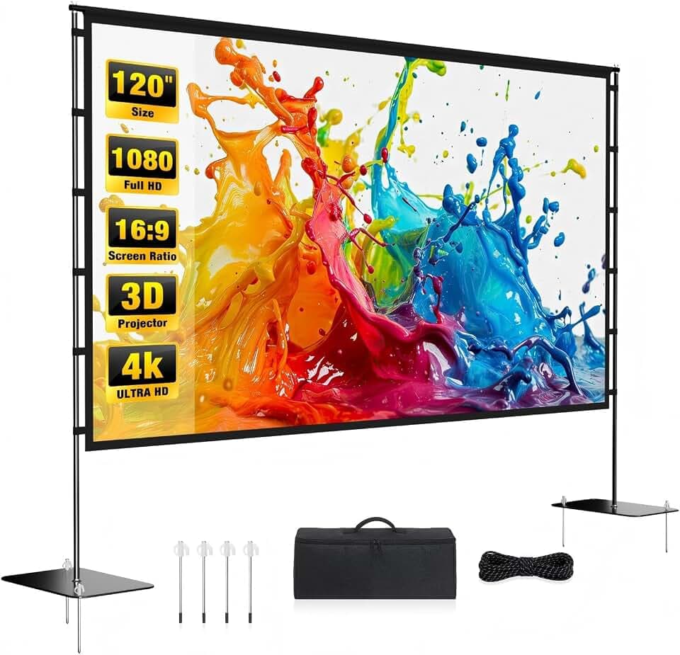 Outdoor Projector Screen with Stand - inch Portable Projector Screens Indoor Outdoor Projector Screen 16:9 4K HD Outdoor Movie Screen with Carry Bag,Enioy Home Theater Projection Screen