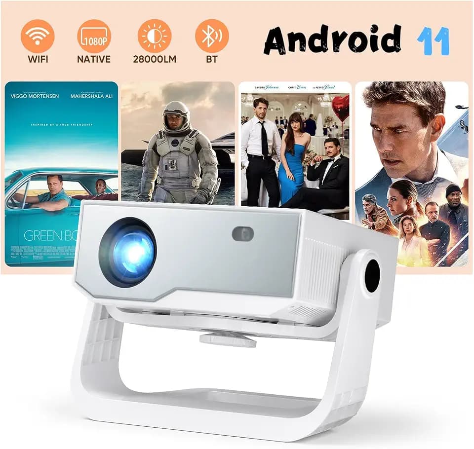 2026 Neuer Smart Beamer 4K Unterstützung, Android 11, Full HD 1080P, 28000 Lumens, WiFi 6 & BT 5.2, 120° Verstellbarer Ständer, Elektrischer Fokus, Trapezkorrektur, Heimkino Beamer für Switch/PS5