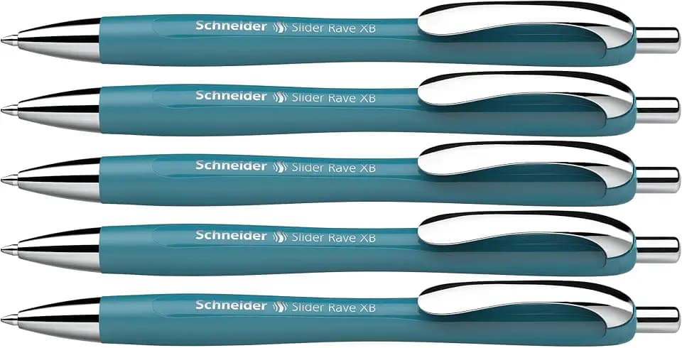 Schneider Limited Edition Slider Rave Colors, XB (Extra Broad) Ballpoint Pen, Refillable + Retractable, 1.4 mm, Teal Barrel, Blue Ink, Box of 5 Pens (132513)