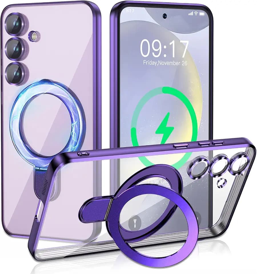 Magnetic Stand & Full Camera Lens Protector Case for Samsung Galaxy S24 [Compatible with MagSafe][Military Drop Protective] Not Yellowing Clear Slim Soft S24 Phone Case for Women Men,Purple