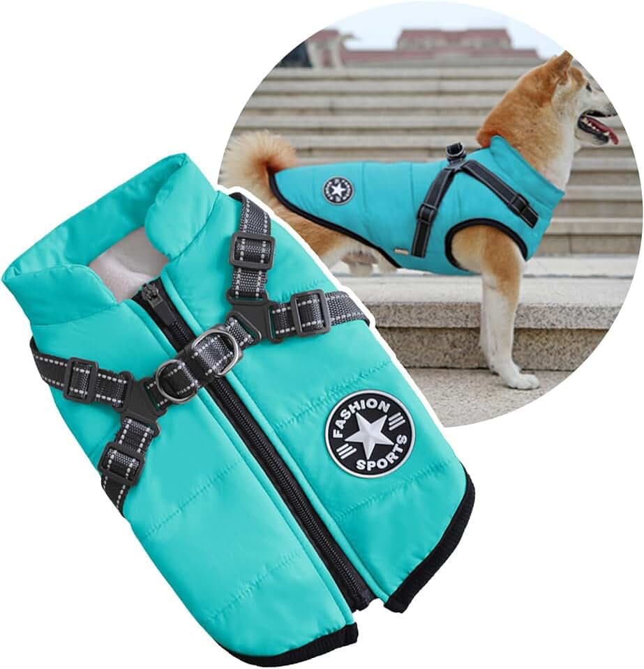 2-in-1-Hundejacke mit Geschirr für große Hunde, Outdoor-Hunde-Sportweste, warmer Haustier- Wintermantel für große Hunde, Türkis
