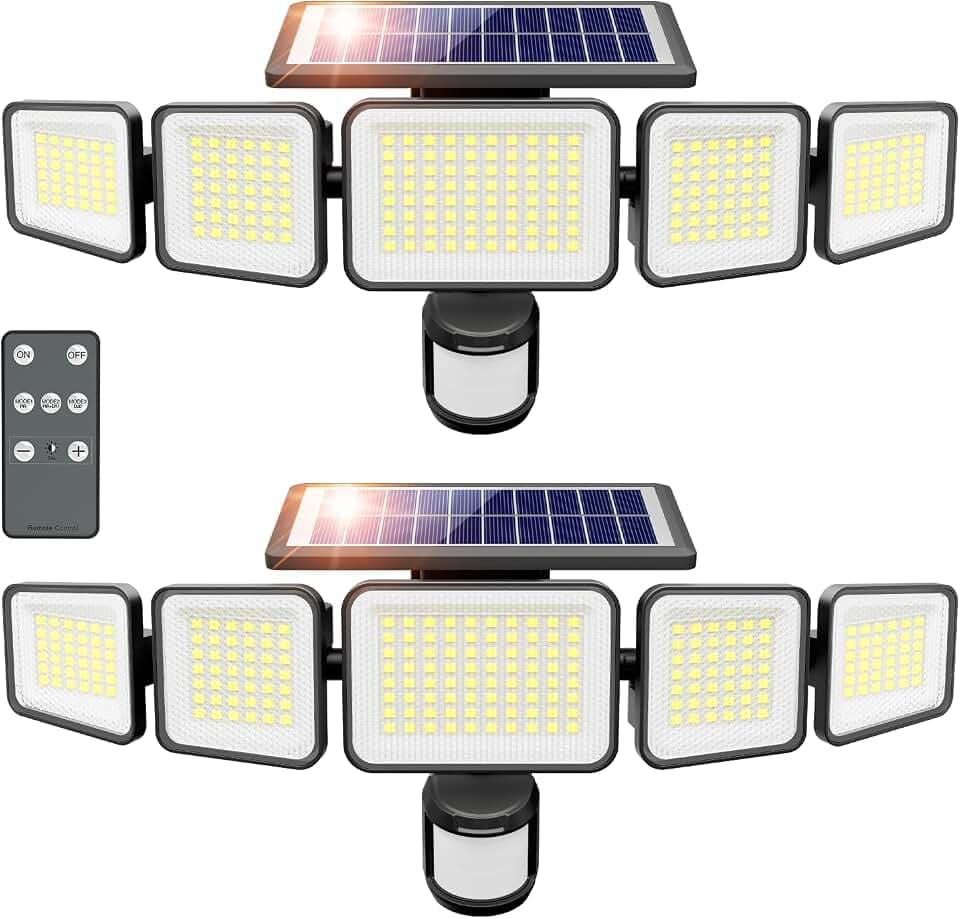 Solar Lights Outdoor 6000LM 236 LEDs Motion Sensor Outdoor Lights, 5 Heads Security Wall Lights,3 Mode, IP65 Waterproof Flood Lights with Remote Control for Garden, Backyard,2 Pack