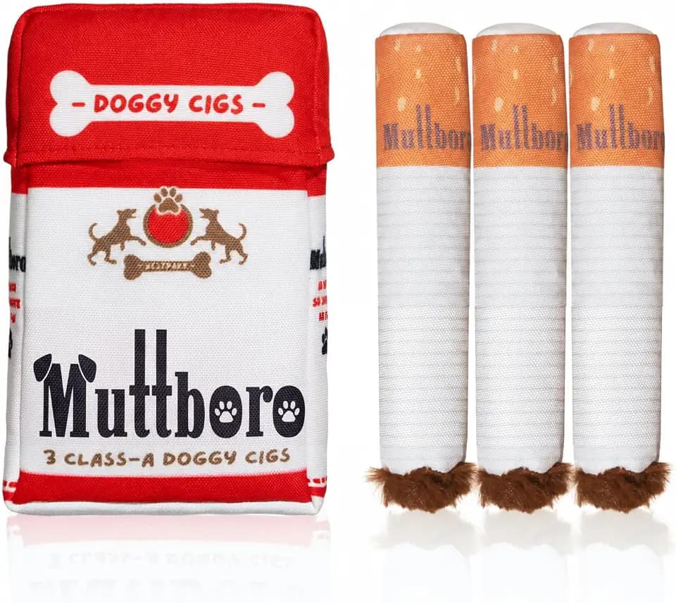 Nestpark Muttboro Doggy Cigs Funny Dog Toys - Parody Plush Squeaky Crinkle Interactive Dog Toy - Hide and Seek Treat Hiding Burrow Puzzle Toy for Stimulating Enrichment Activity