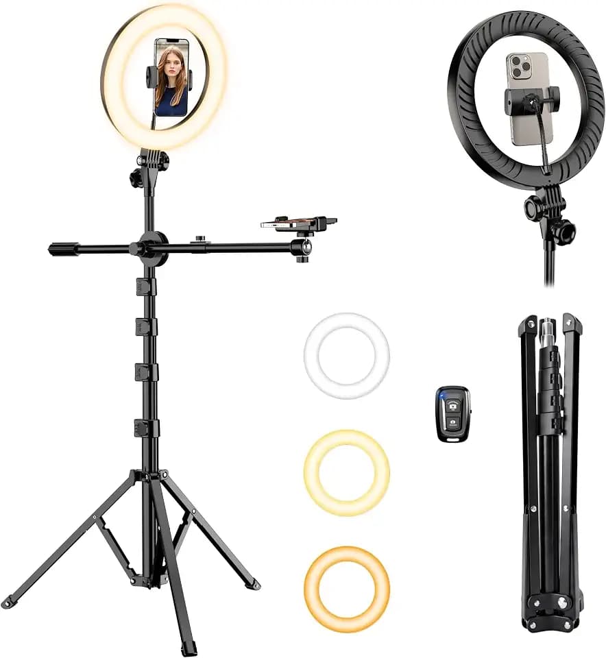 Upgrade Tripod Ring Light Stand with 2 Telescopic Arms -67" Ring Light Tripod for iPhone&Android, Overhead Phone Mount with Remote, Phone Stand for for TikTok, YouTube，Zoom & Video Recording