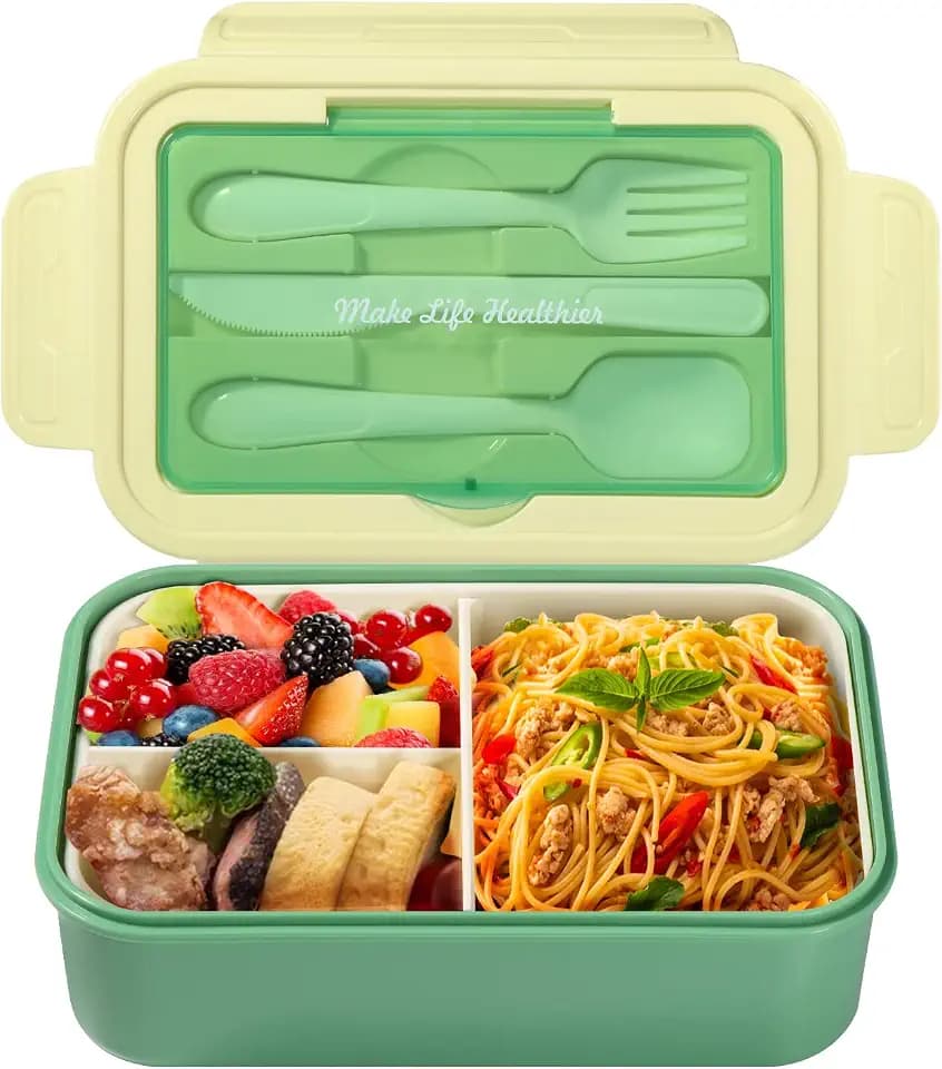 Diboniur Lunchbox 1400 ml mit Besteck und 3 Fächern, Grün