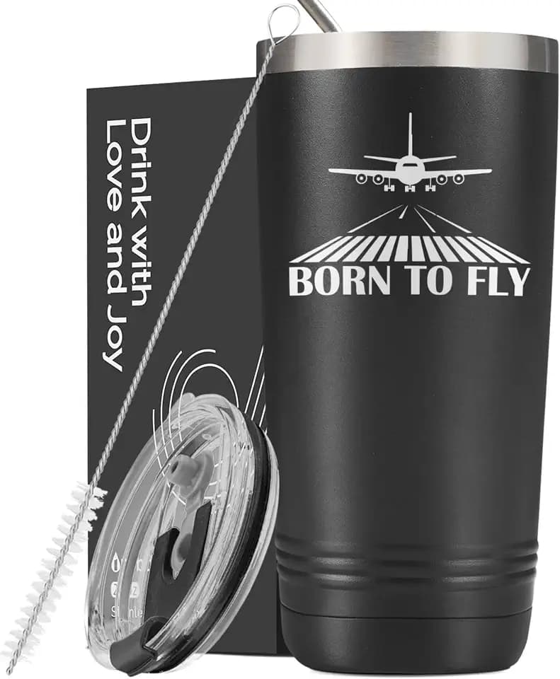 Onebttl Pilot Gifts for Men, Aviation Gifts for Aviator, 20oz Stainless Steel Insulated Tumbler with Lid, Print Logo, Born to Fly
